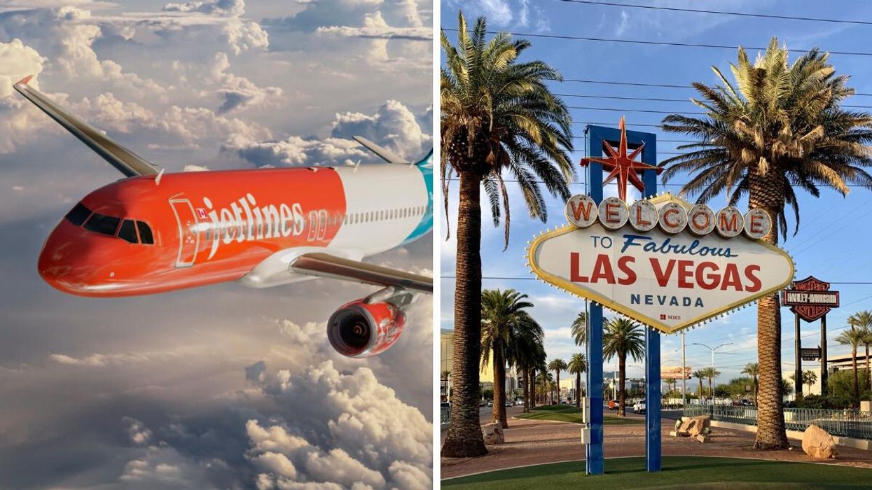 Canada Jetlines airplane. Right: Las Vegas sign.