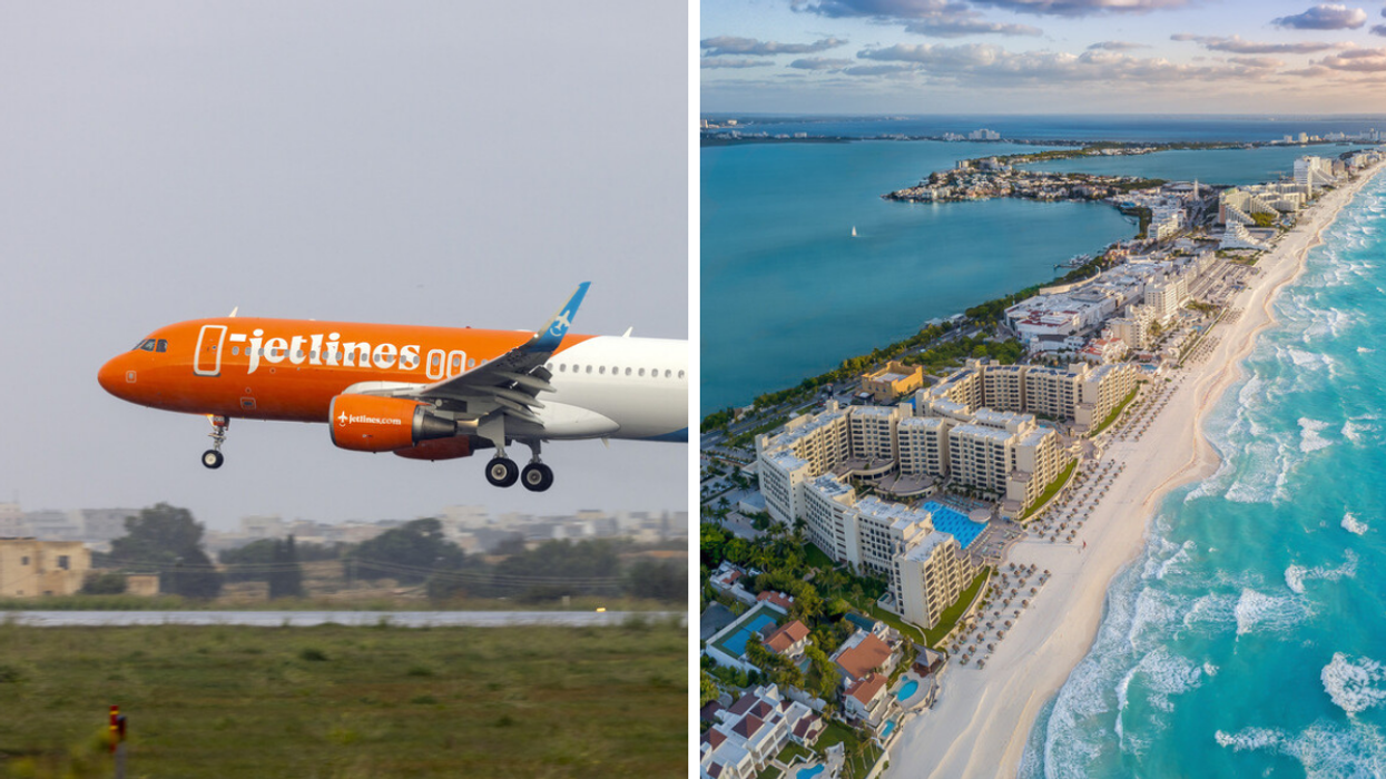 Canada Jetlines plane. Right: Cancun beach.