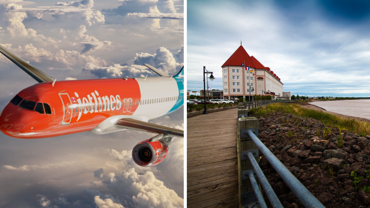 Canada Jetlines plane. Right: Moncton, New Brunswick.