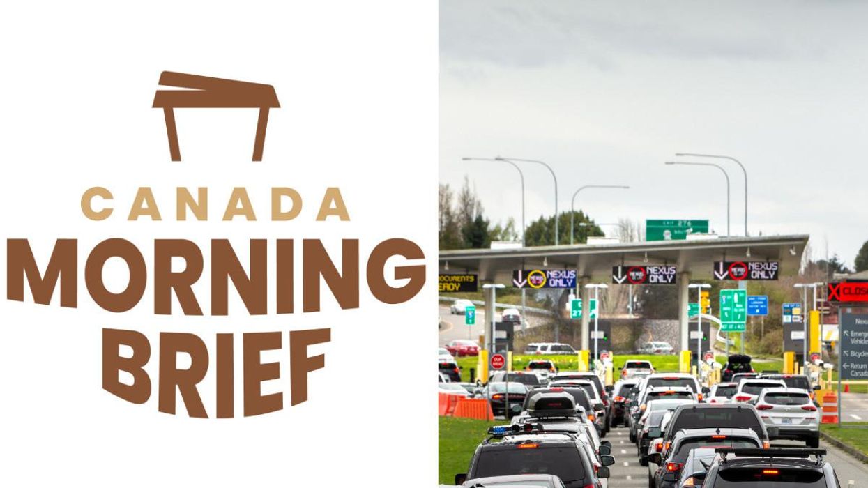 Canada Morning Brief logo. Right: Cars line up at the land border between Canada and the U.S.