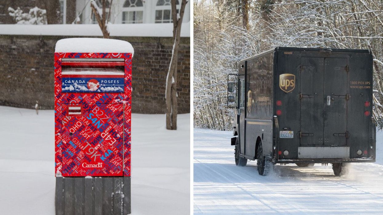 Canada Post mailbox covered in snow. Right: UPS truck on snowy road.