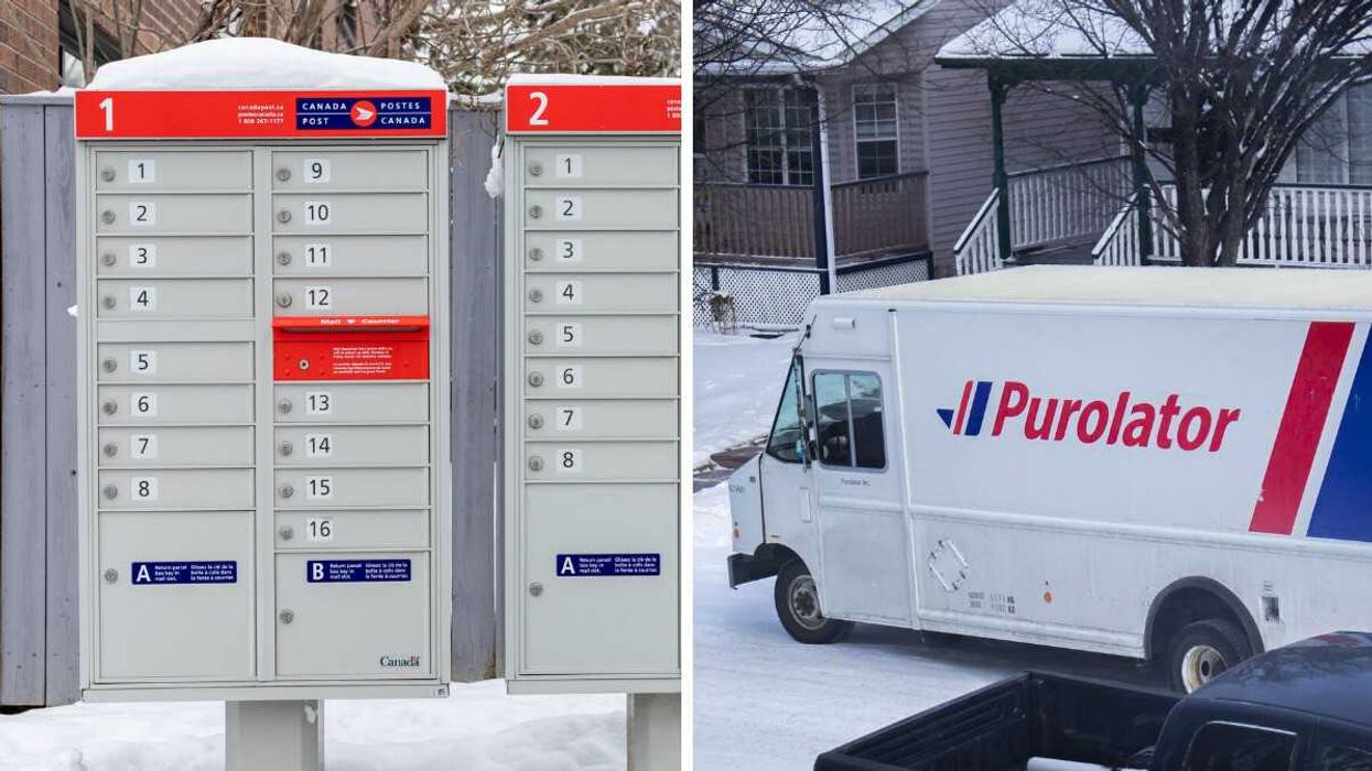 canada post mailboxes covered in snow. right: purolator truck on a snow covered road in calgary