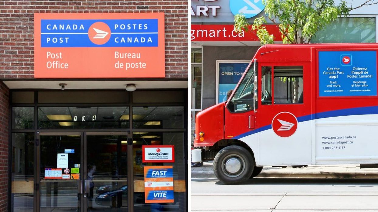 Canada Post office. Right: Canada Post truck in front of a Shoppers Drug Mart.