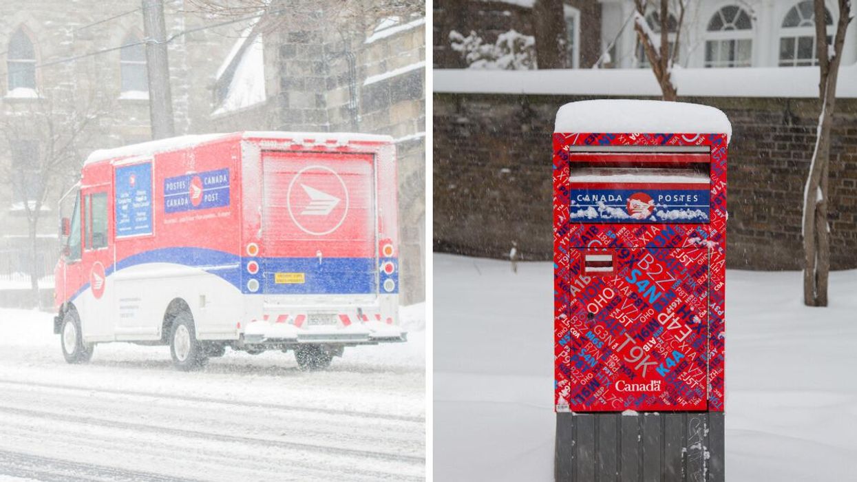 Canada Post truck driving in the snow. Right: Canada Post mailbox covered in snow.