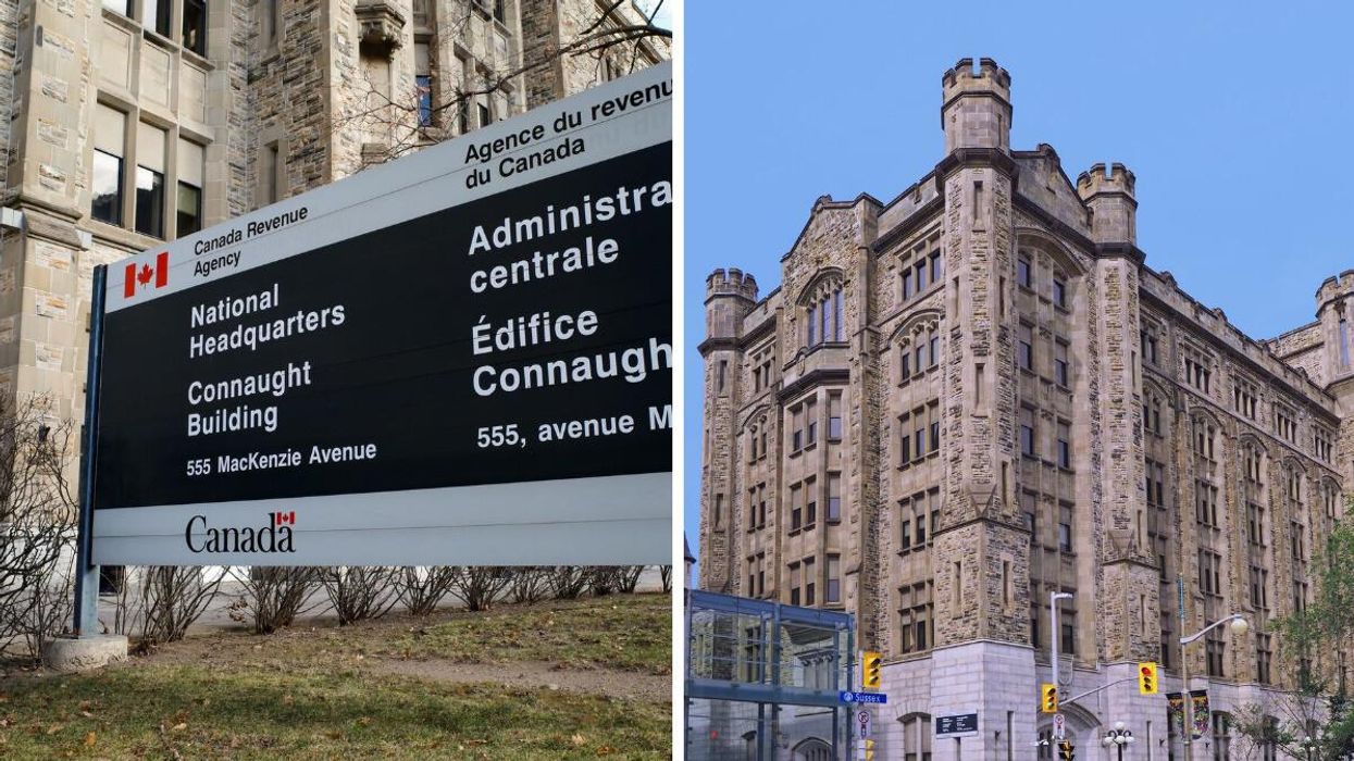 Canada Revenue Agency (CRA) office sign. Right: CRA national headquarters building.