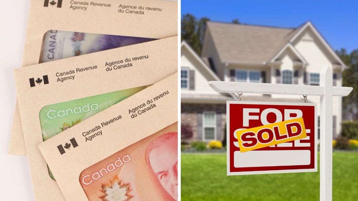 Canada Revenue Agency envelopes. Right: A sold sign in front of a house.