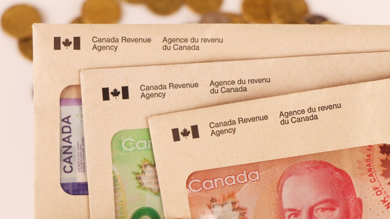 Canada Revenue Agency envelopes with Canadian cash inside (illustrative).