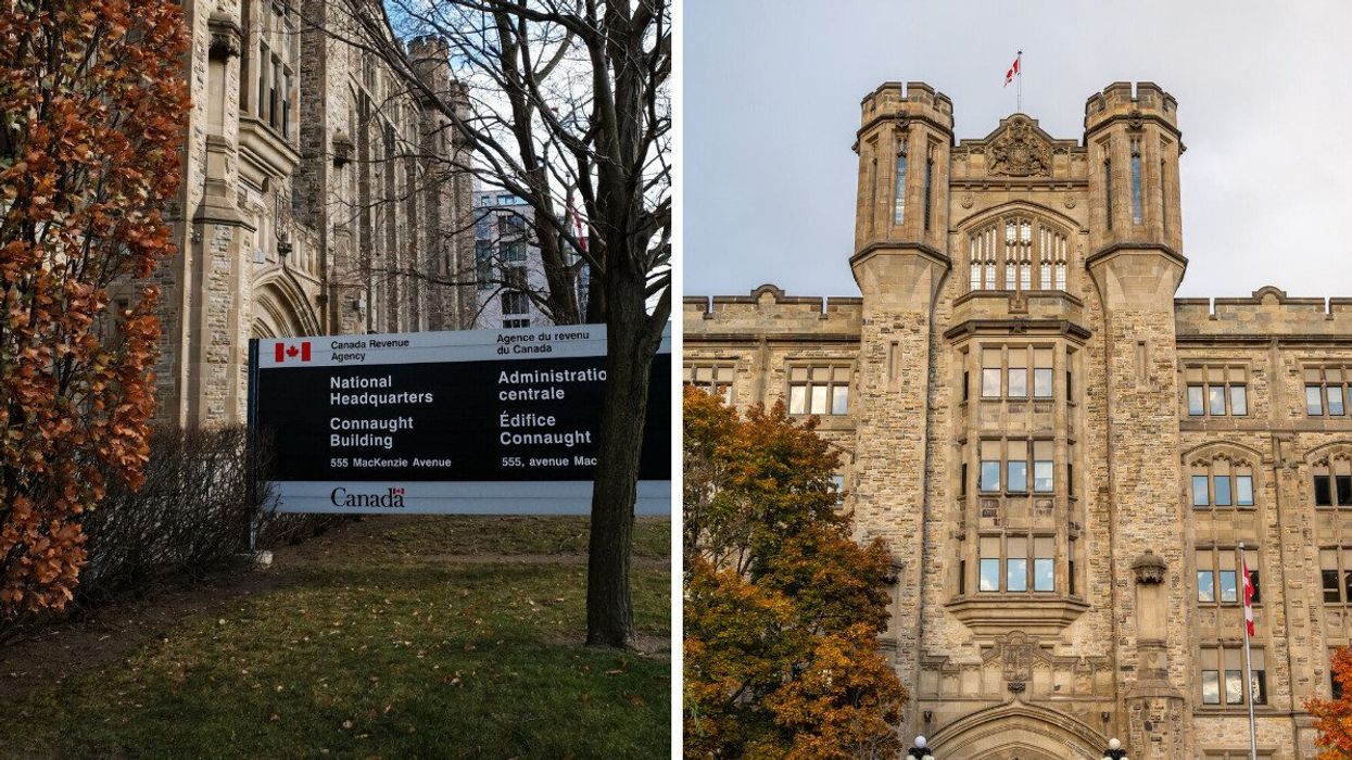 Canada Revenue Agency office sign. Right: CRA national headquarters building in Ottawa.
