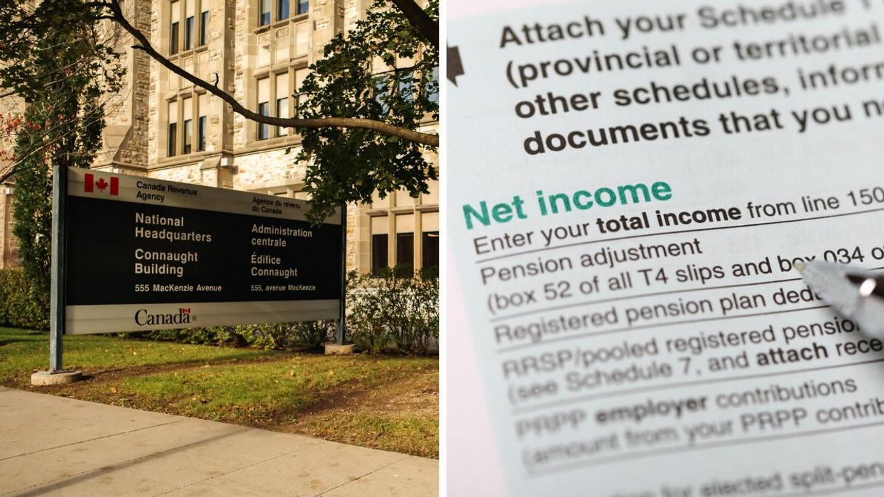 Canada Revenue Agency's national headquarters. Right: A closeup of a Canadian tax form.