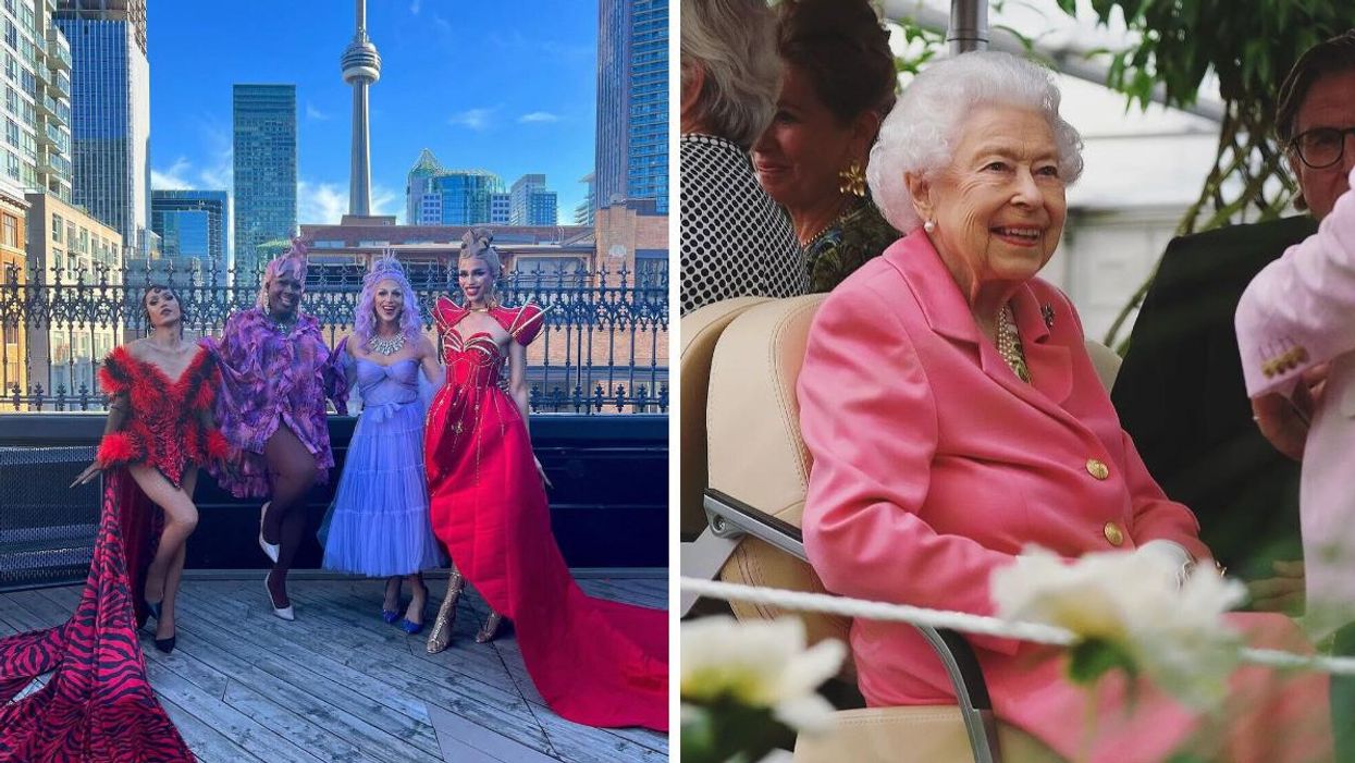 'Canada's Drag Race' final four posing on a rooftop with the CN Tower behind them. Right: Queen Elizabeth II.