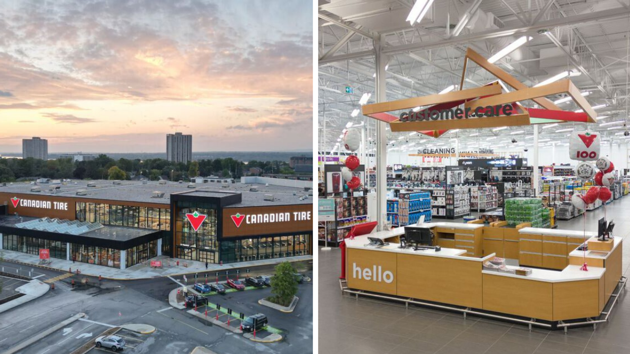 Canada's largest Canadian Tire in Ottawa. Right: Entrance to Canadian Tire in Welland.