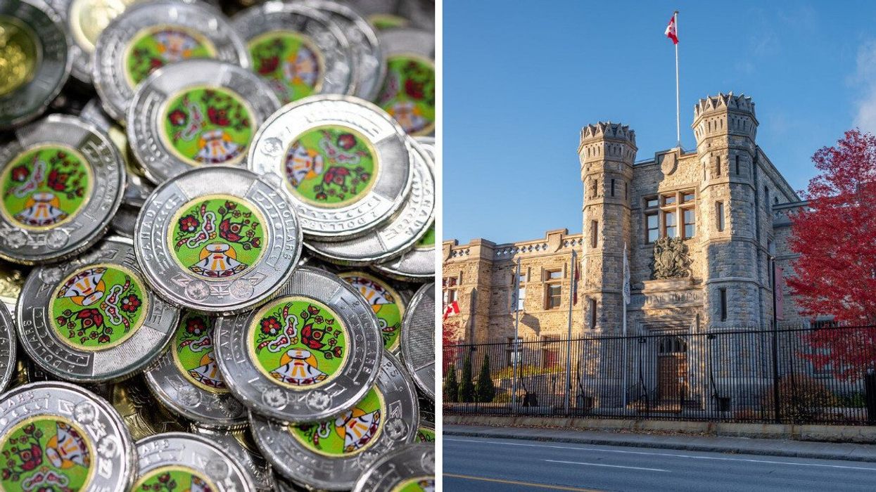 Canada's new colourful $2 coin. Right: Royal Canadian Mint in Ottawa.
