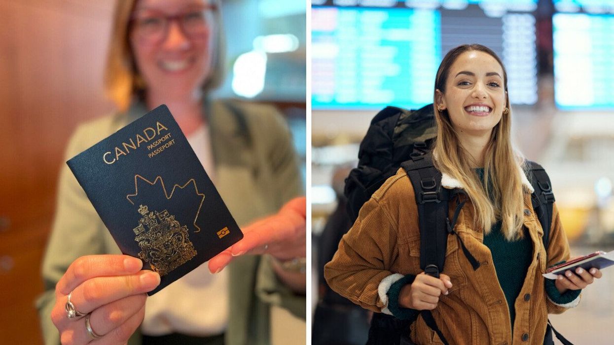 Canada's new passport design. Right: A woman holding her passport at an airport.