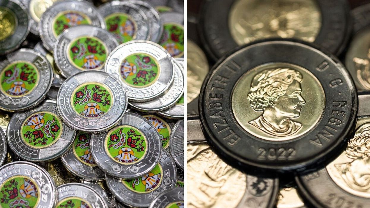 Canada's new toonie that's green. Right: Royal Canadian Mint's new coin honouring Queen Elizabeth II.