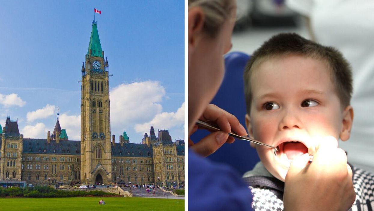 Canada's Parliament building. Right: A child at the dentist.