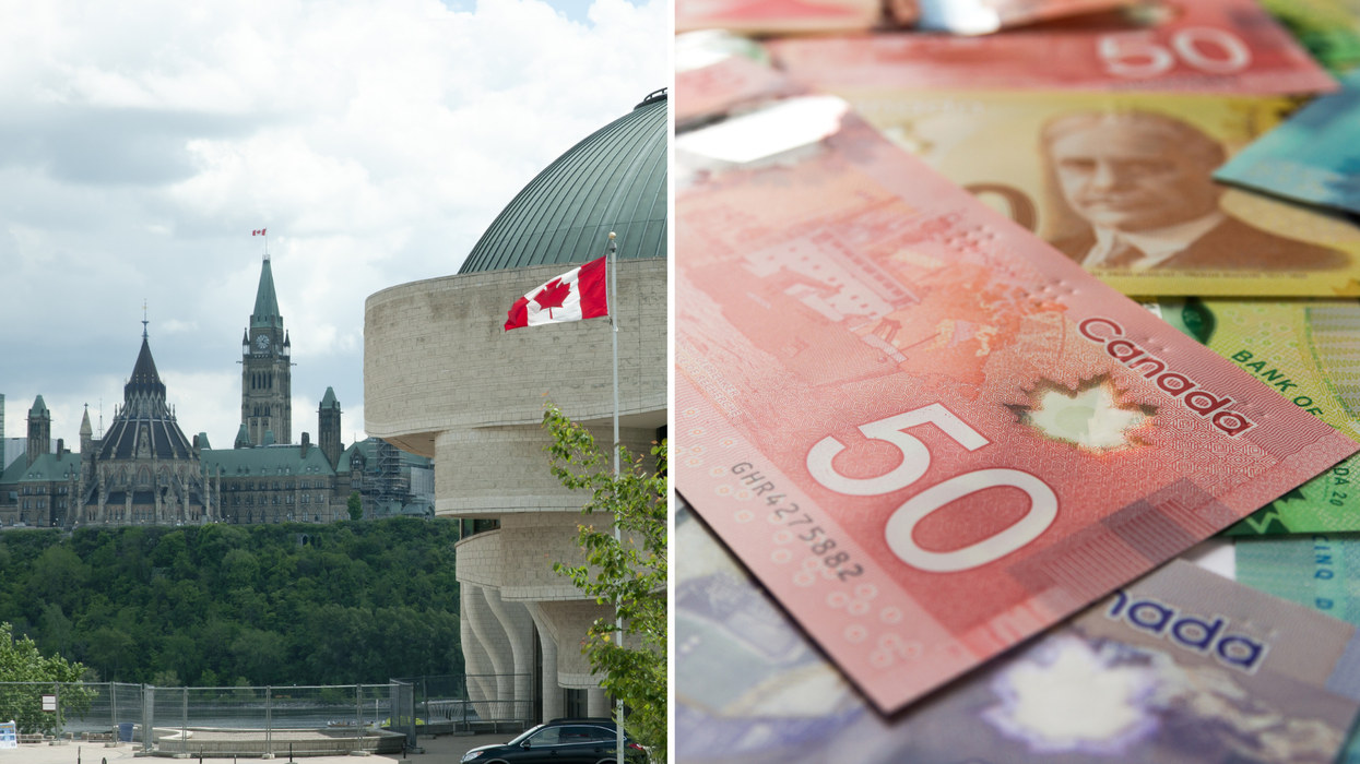 Canada's parliament building. Right: A pile of Canadian bills.