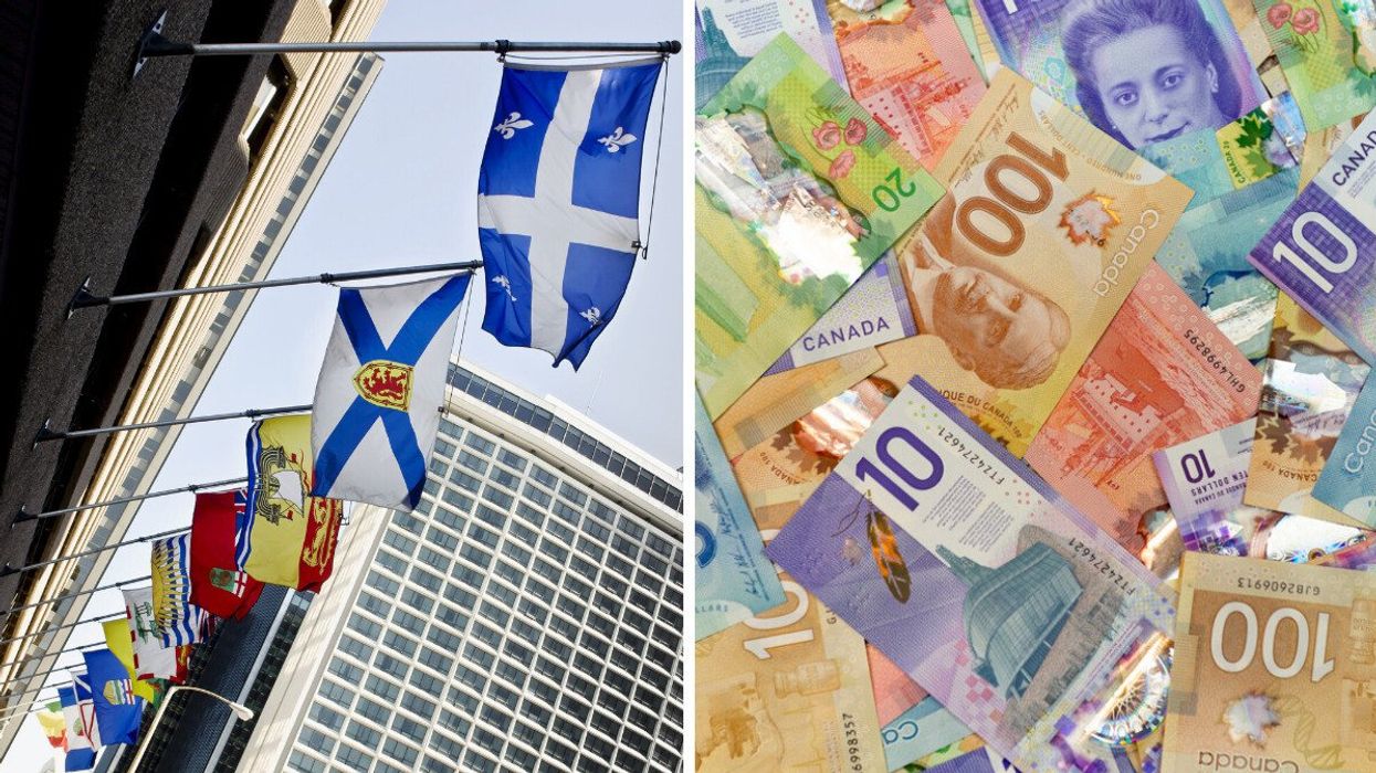 Canada's provincial and territorial flags. Right: Canadian money.