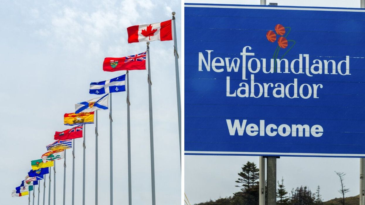 Canada's provincial flags. Right: A sign for Newfoundland and Labrador.