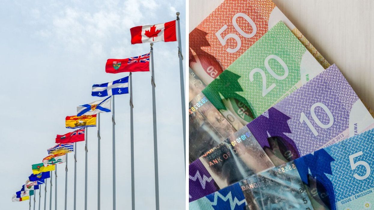 Canada's provincial flags. Right: Canadian banknotes.