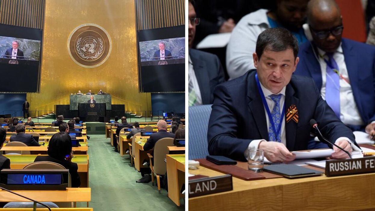 Canada's seat in the United Nations. Right: Russian deputy representative to the United Nations, Dmitry Polyanskiy.