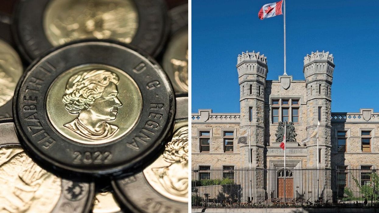 Canada's toonie honouring Queen Elizabeth II that's almost all black. Right: Royal Canadian Mint.
