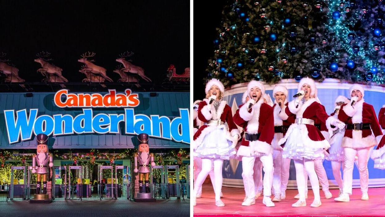 Canada's Wonderland entrance. Right: Christmas performers.