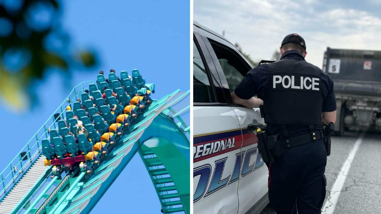 Canada's Wonderland leviathan roller coaster. Right: York Regional Police officer with a car.
