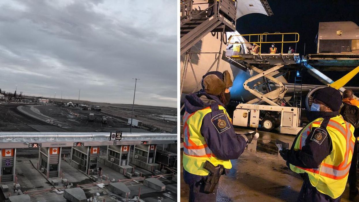 Canada-U.S. border crossing in Coutts, Alberta. Right: Canada Border Services Agency (CBSA) officials processing a shipment from an airplane.