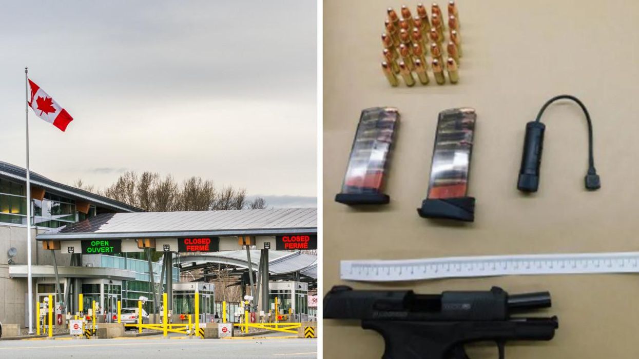 Canada U.S. border crossing in Surrey, B.C. Right: Weapon seized by police.