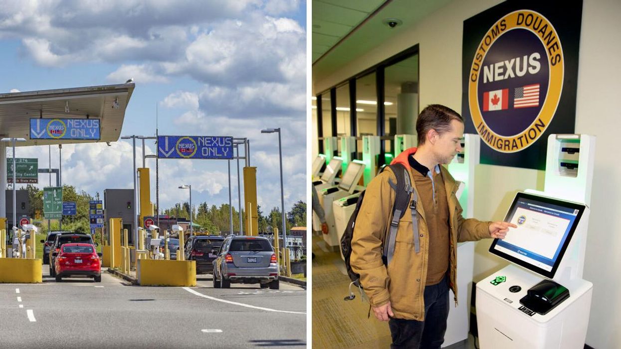 Canada-U.S. border crossing with "NEXUS only" lanes. Right: Person using a NEXUS kiosk at Ottawa International Airport.