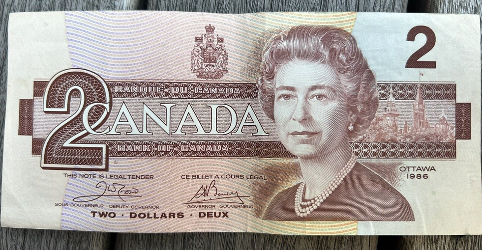 Canadian $2 bill from 1986.