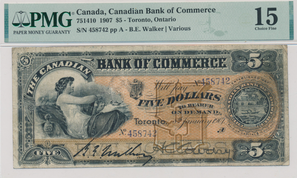 Canadian $5 bill from 1907.