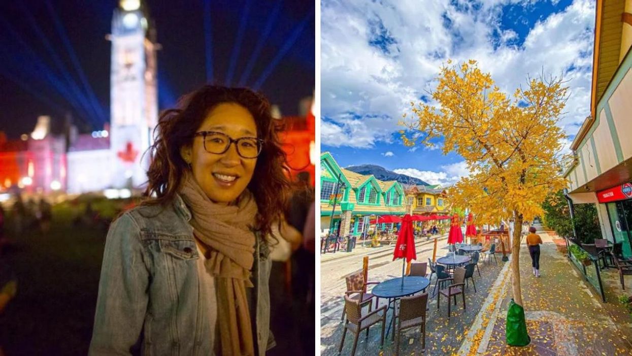 Canadian actor Sandra Oh. Right: Canmore, Alberta, in the fall.