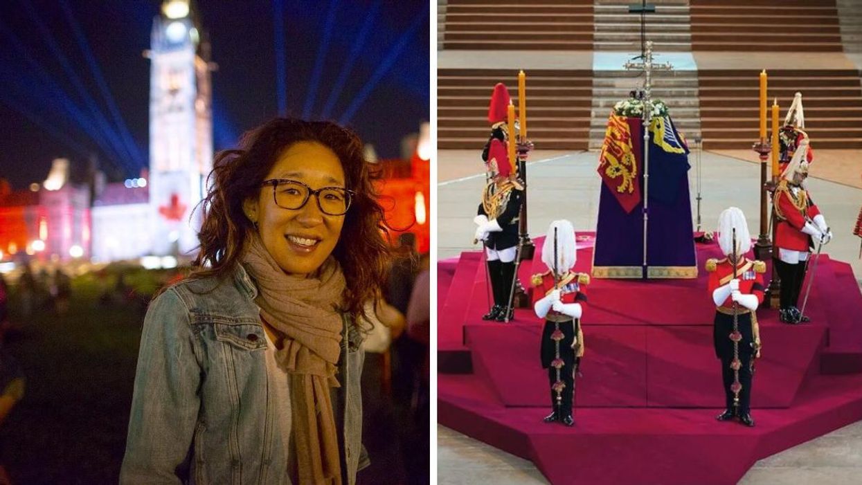 Canadian actor Sandra Oh. Right: The Queen's memorial in London.