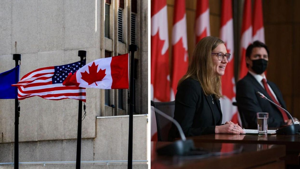 Canadian and American flags flying side by side. Right: MP Karina Gould and PM Justin Trudeau.