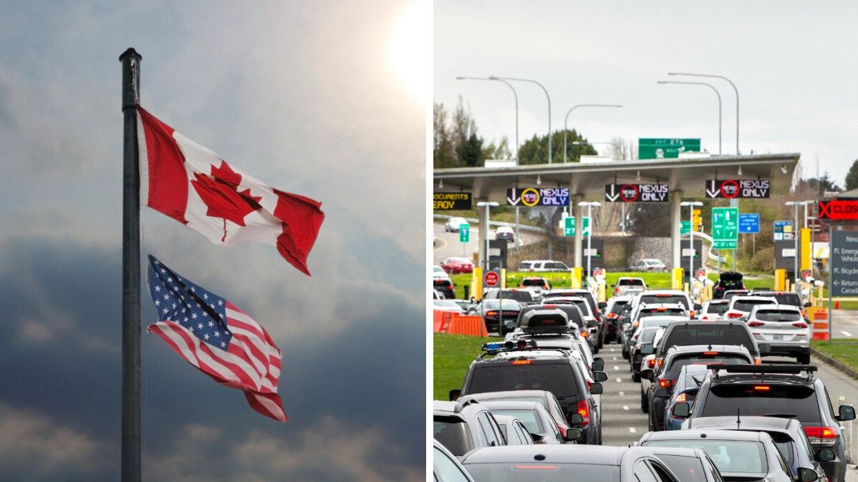 Canadian and American flags. Right: Cars line up at a Canada-U.S. land border crossing.