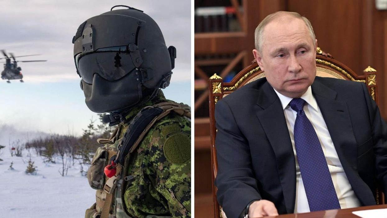 Canadian Armed Forces member. Right: Russian President Vladimir Putin.