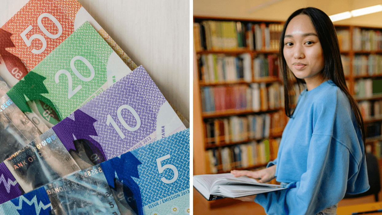 Canadian bank notes arranged in a fan. Right: A woman with black hair wearing a blue sweater, holding a book in a library.