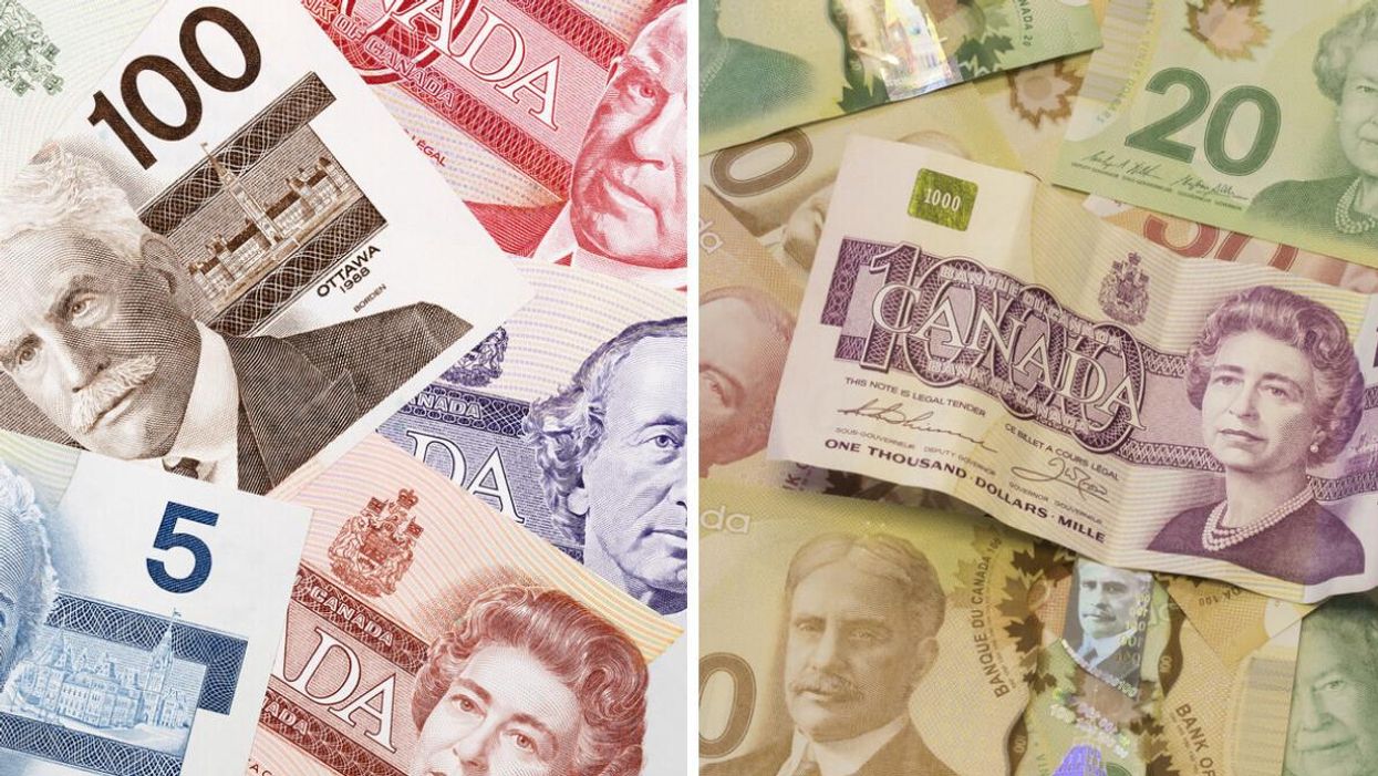 Canadian banknotes. Right: A $1,000 Canadian bill.