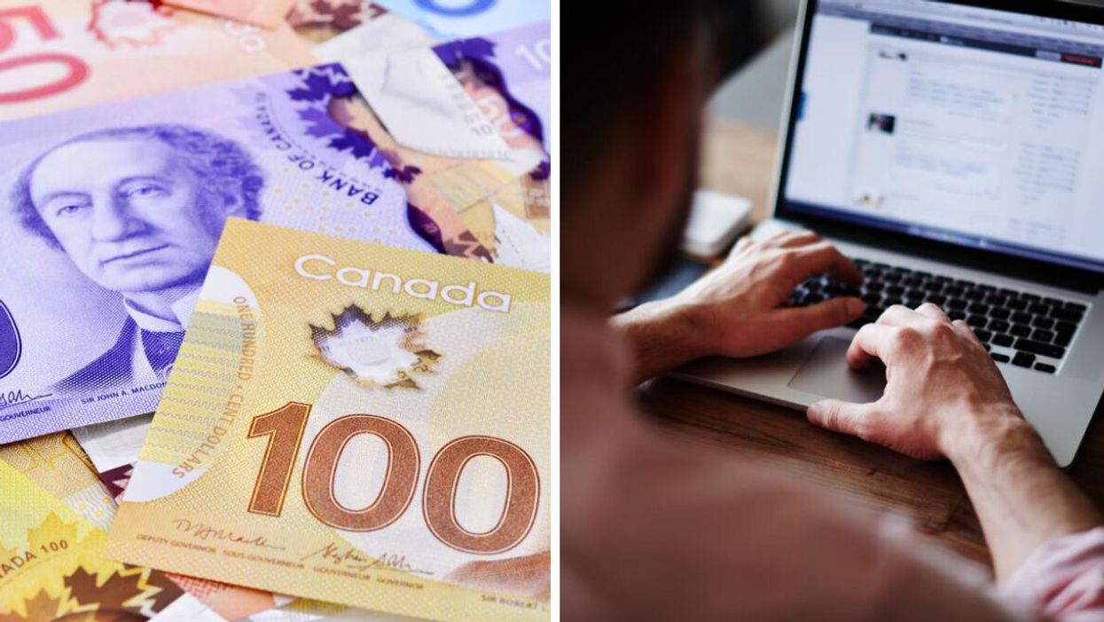 Canadian banknotes. Right: A person works on a computer.