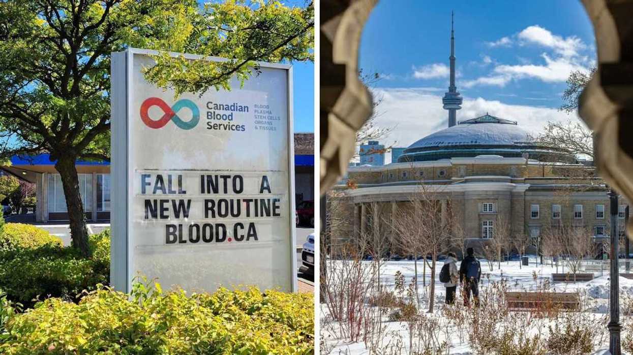 canadian blood services sign. right: people on university of toronto campus with cn tower in background