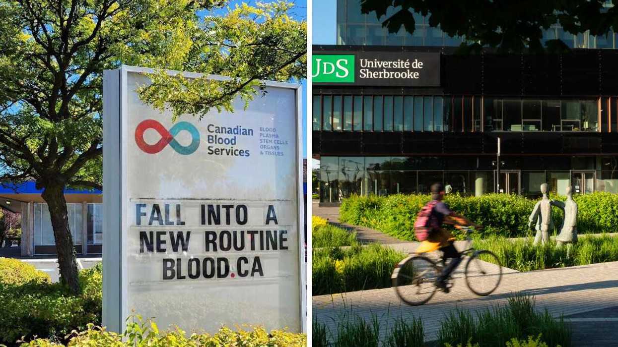 canadian blood services sign. right: person riding bike in front of Université de Sherbrooke building
