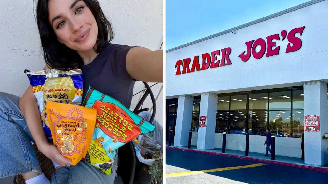 Canadian brunette girl in grey top and blue jeans poses with three colourful Trader Joe's popcorn bags. Right: White Trader Joe's storefront with red letters.