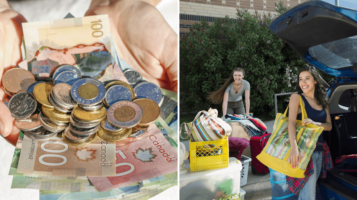 Canadian cash in hands. Right: Two women with moving boxes and bags in front of an open trunk.