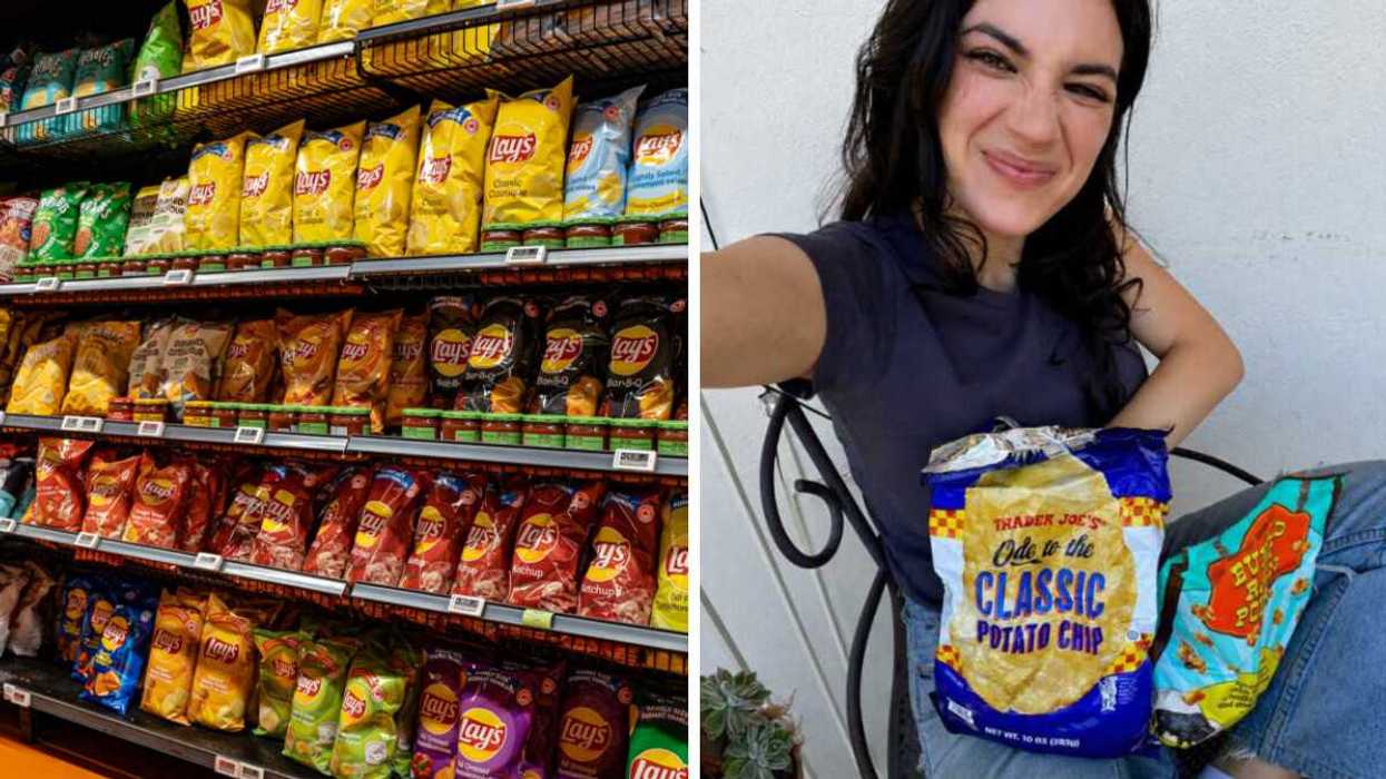 Canadian chips. Right: A selfie of a person with snacks.