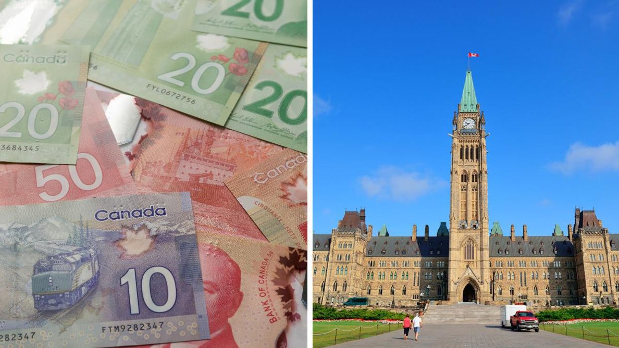 Canadian currency. Right: Canadian parliament.
