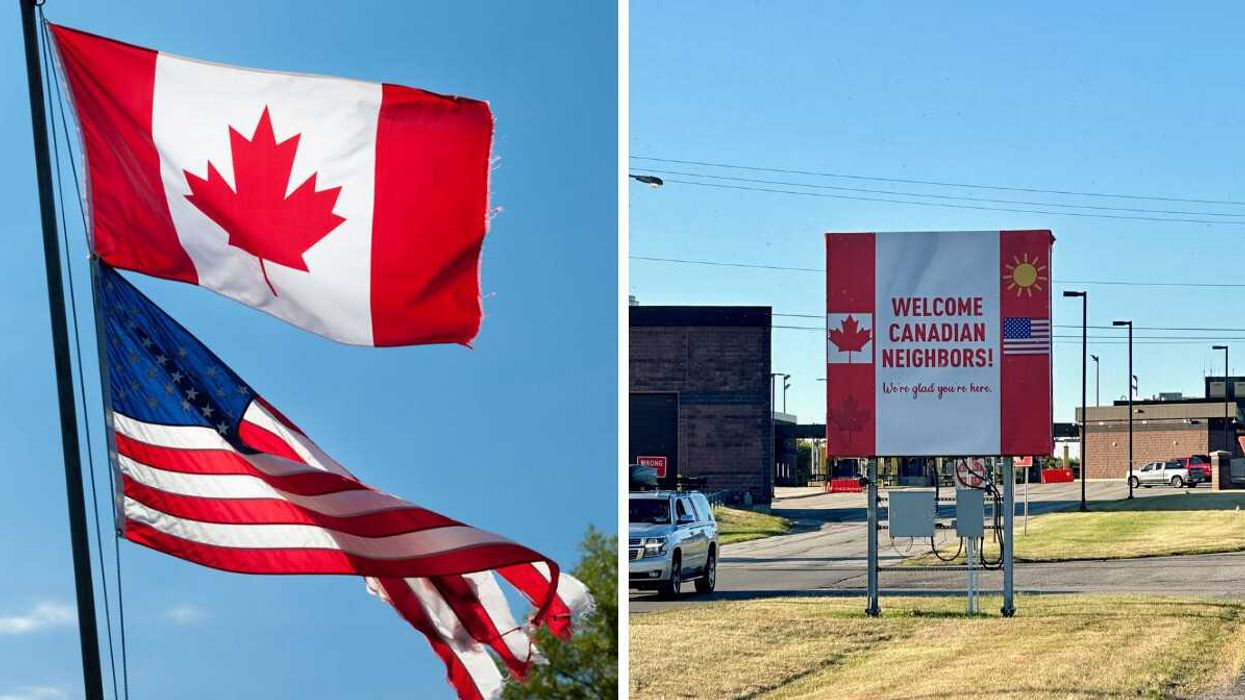 Canadian flag flies above a slightly tattered American one. Right: Sign at the Canada-US border that says, "Welcome Canadian neighbors!"
