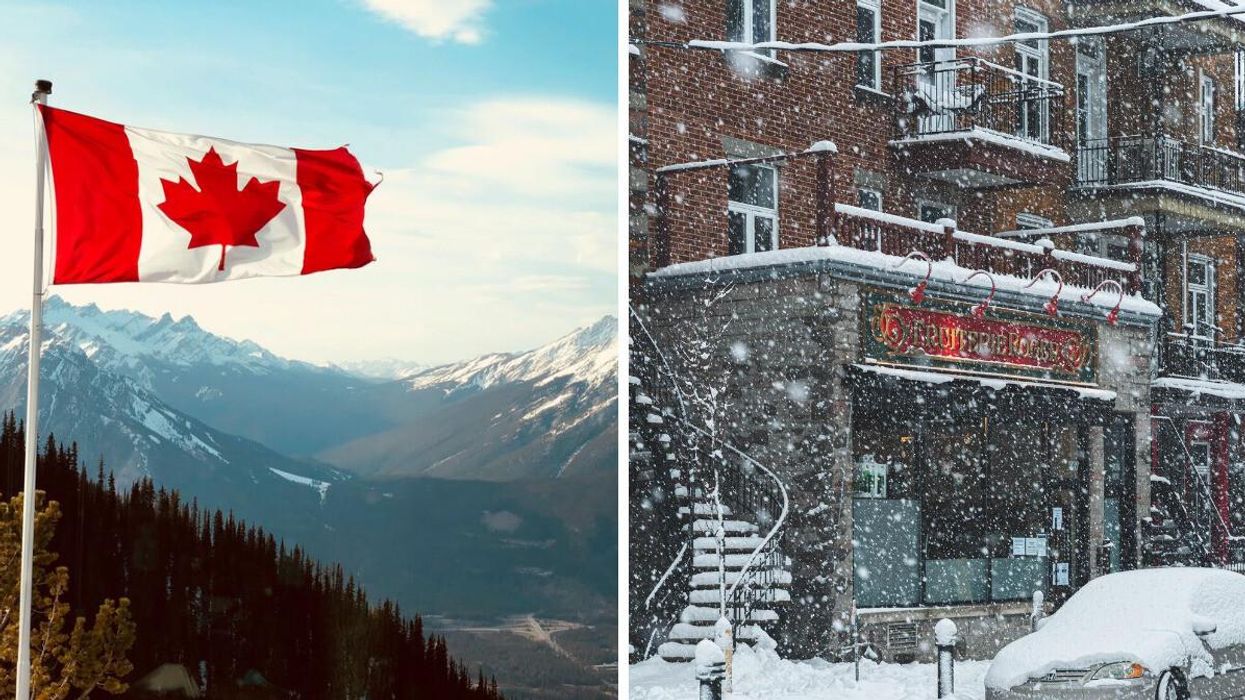 Canadian flag in front of mountains in Banff. Right: Snowstorm in Montreal.