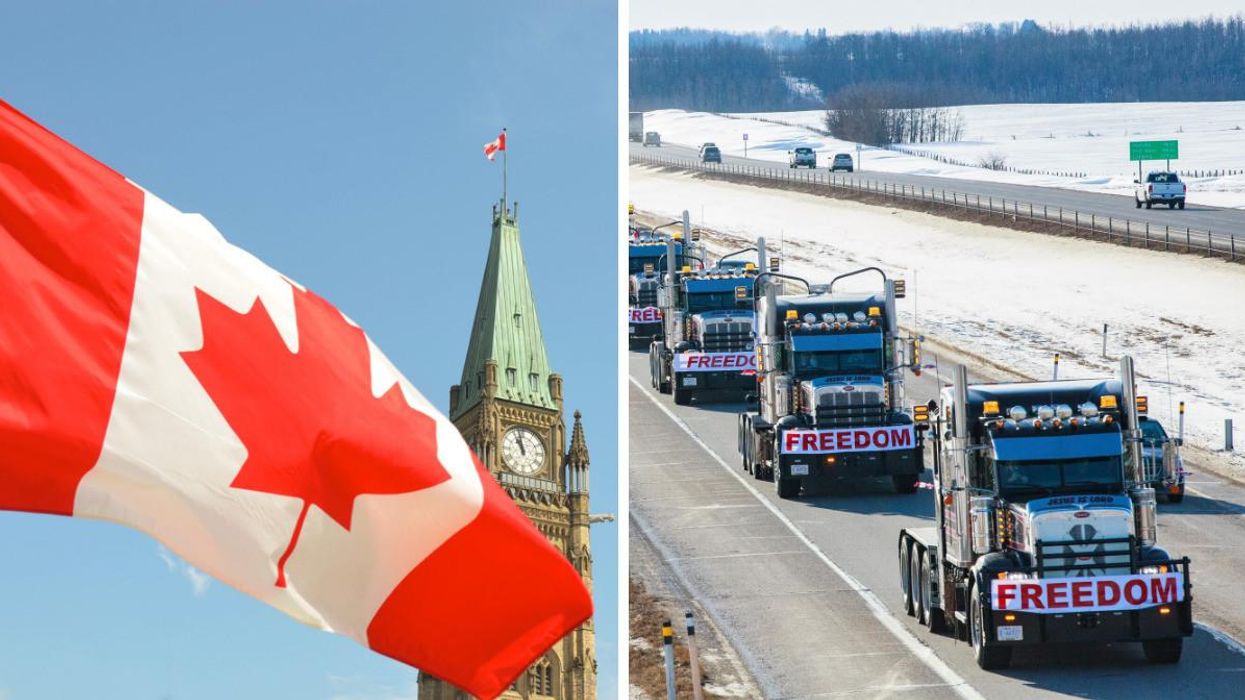 Canadian flag in front of Parliament in Ottawa. Right: Freedom Convoy trucks in Alberta.