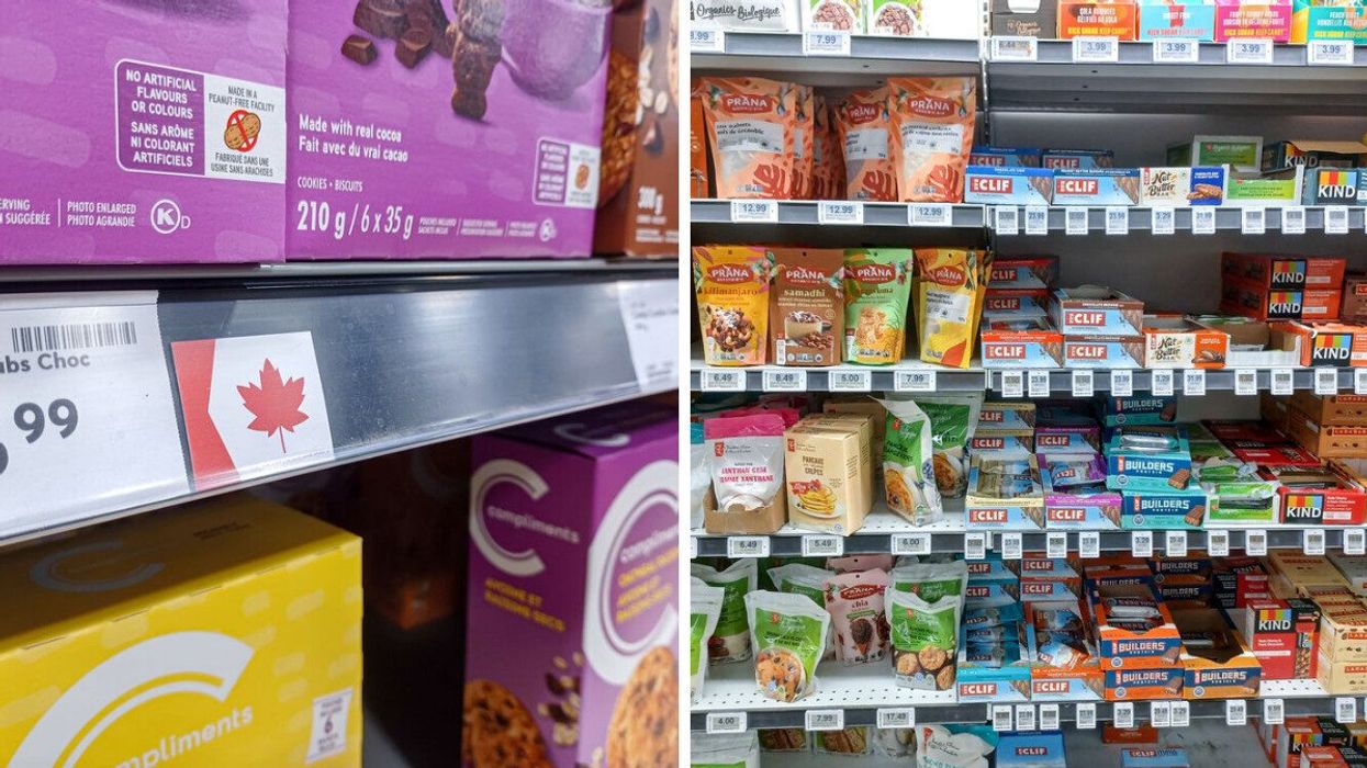 canadian flag label at a sobeys store in canada. right: products a no frills grocery store in canada